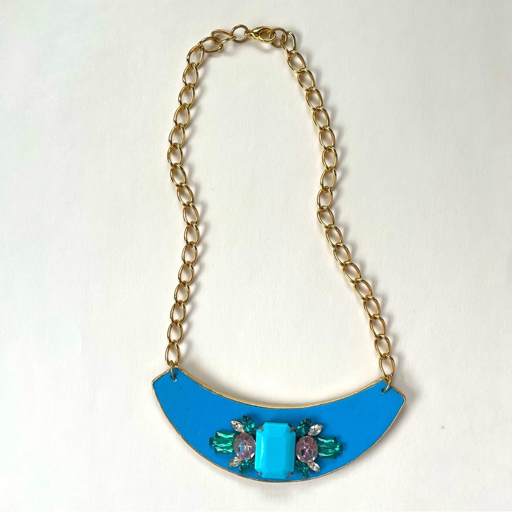 Sandy Hyun Blue Art Deco Rhinestone Collar Gold Chain Necklace